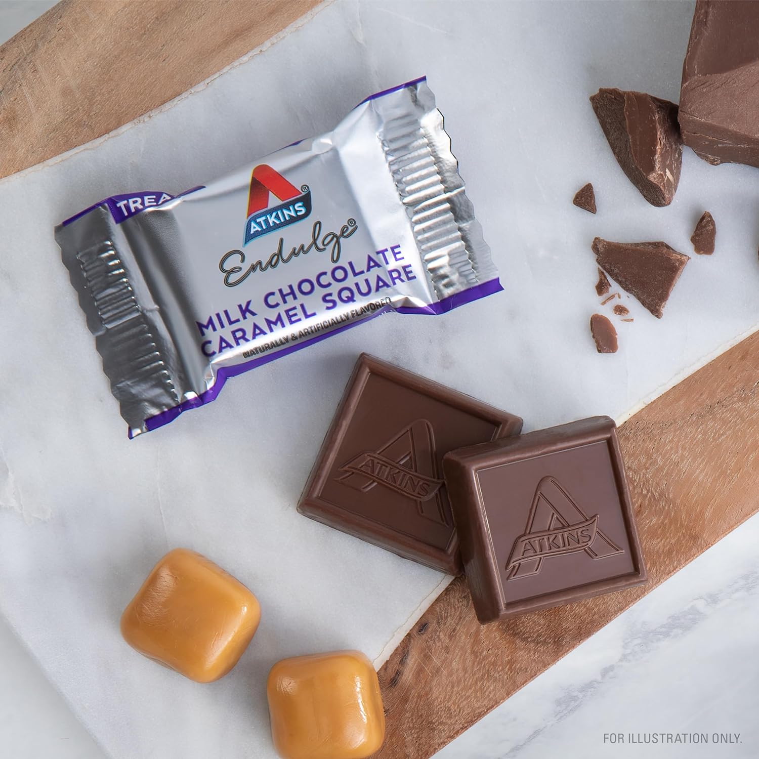 Atkins Endulge Milk Chocolate Caramel Squares, Dessert Favorite, Good Source of Fiber, 1g Sugar, 48 Count (16 Servings) : Health & Household