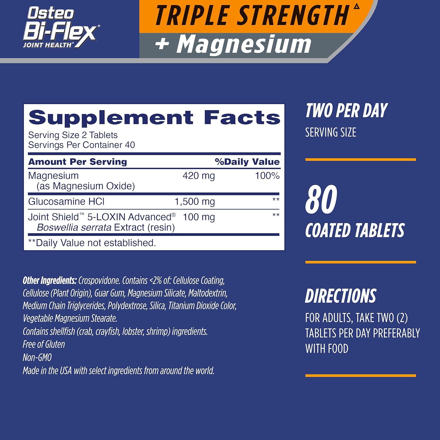 Osteo Bi-ex Triple Strength Joint Supplement with Glucosamine & Magnesium, Gluten Free, 80 Tablets