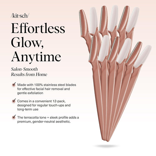 Kitsch Dermaplane Razor For Women Face - Face Razors For Women And Men - Eyebrow Trimmer, Shaver, Recycled Plastic Dermaplaning And Skin Care Tool - Terracotta, 12 Pcs
