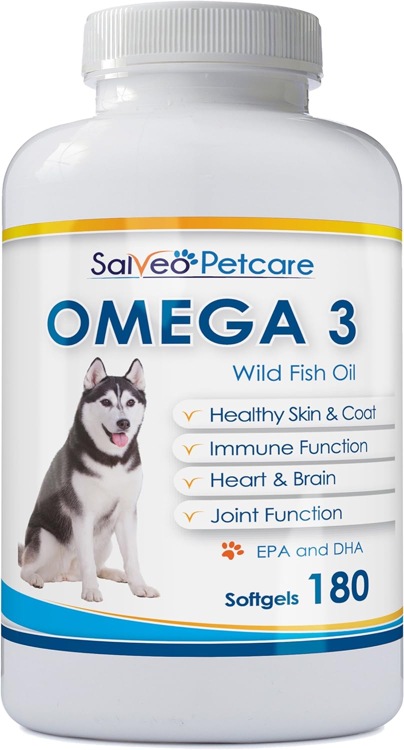 Omega 3 Fish Oil for Dogs - Natural Pet Supplement for Shiny Coat - Wild Caught More EPA & DHA Than Salmon Oil - 180 Capsules No Fishy Smell or Mess - Ideal for Medium Large Dogs