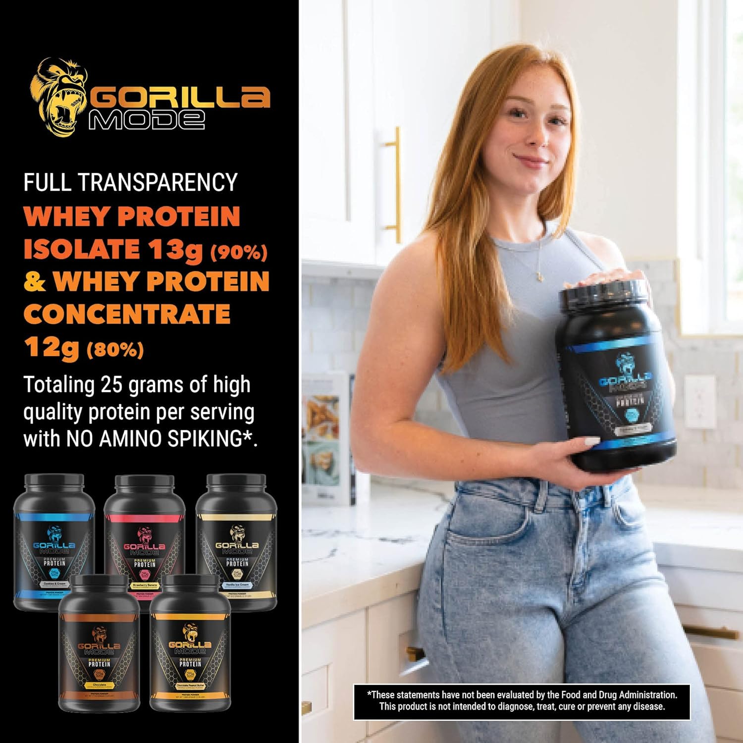 Gorilla Mode Premium Whey Protein - Vanilla Ice Cream / 25 Grams of Whey Protein Isolate & Concentrate/Recover and Build Muscle (30 Servings) : Health & Household