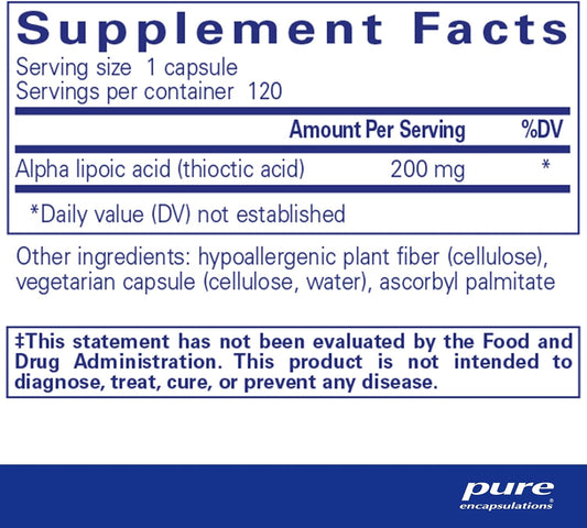 Pure Encapsulations Alpha Lipoic Acid 200 mg - 200mg ALA - Liver & Antioxidant Support* - for Nerve Health & Carb Metabolism - Vegan & Non-GMO Supplement - 120 Capsules