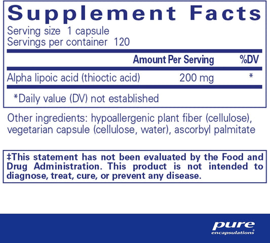 Pure Encapsulations Alpha Lipoic Acid 200 Mg - 200Mg Ala - Liver & Antioxidant Support* - For Nerve Health & Carb Metabolism - Vegan & Non-Gmo Supplement - 120 Capsules