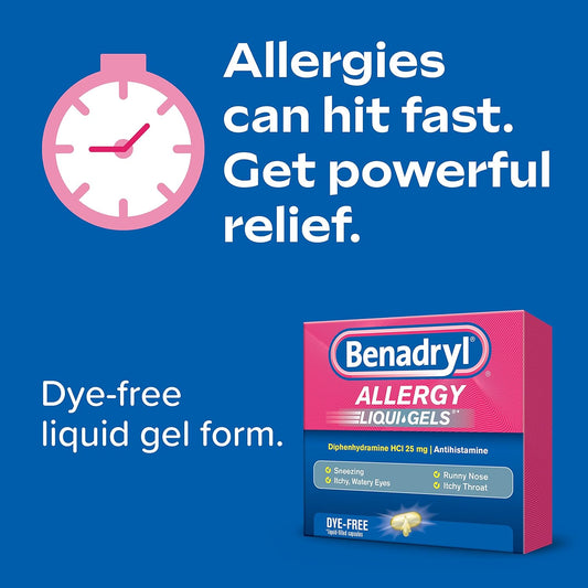 Benadryl Liqui-Gels Antihistamine Allergy Medicine & Cold Relief, Dye Free, 24 Ct