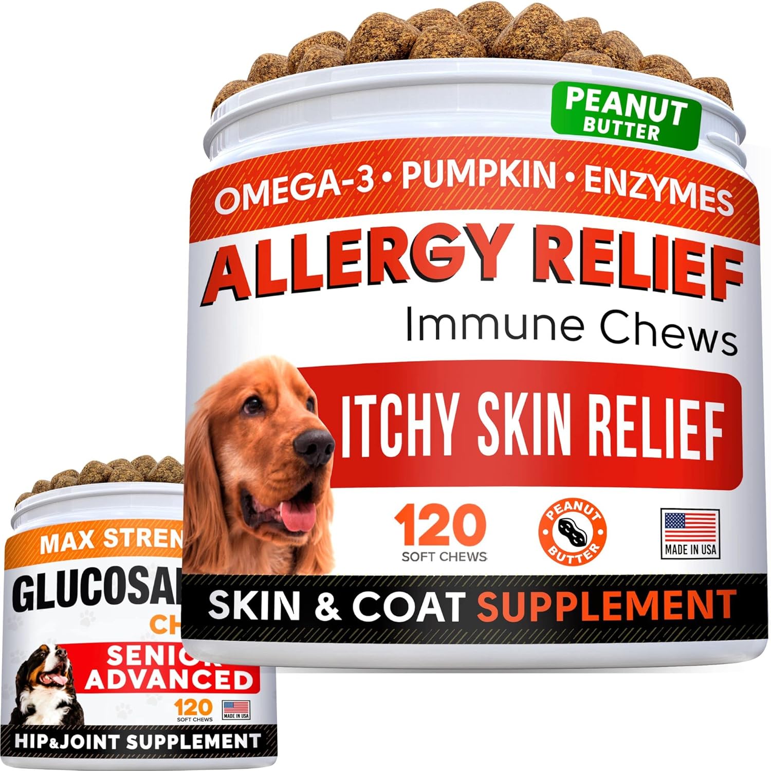 Allergy Relief Treats + Senior Advanced Glucosamine For Dogs Bundle - Itchy Skin Relief + Hip & Joint Pain Relief - Omega 3, Pumpkin, Enzymes, Turmeric + Chondroitin, Msm - 240 Chews - Made In Usa