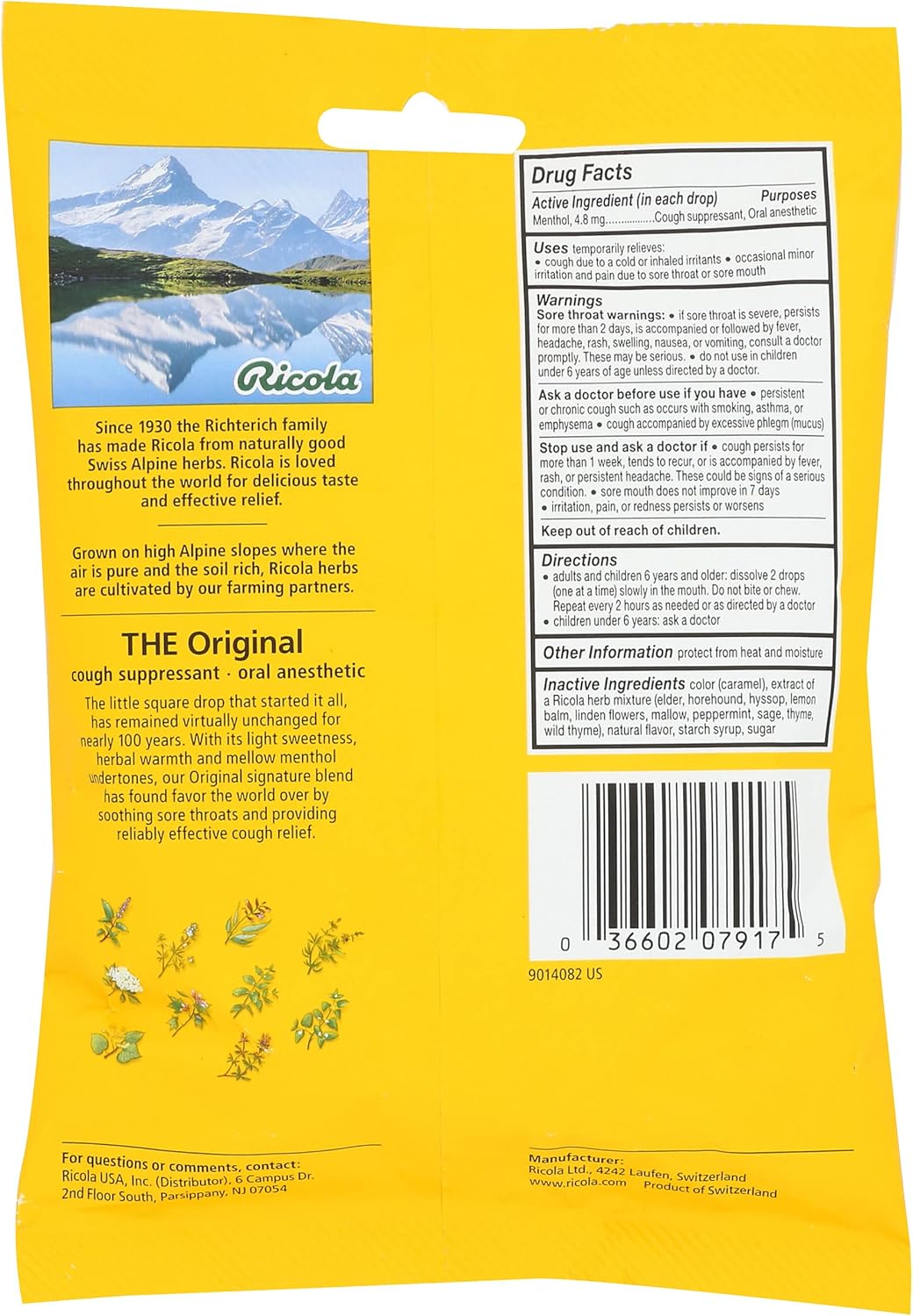 Ricola Original Swiss Herb Cough Suppressant Throat Drops, 21 Drops, Fights Coughs Naturally, Soothes Throats, Naturally Soothing Relief