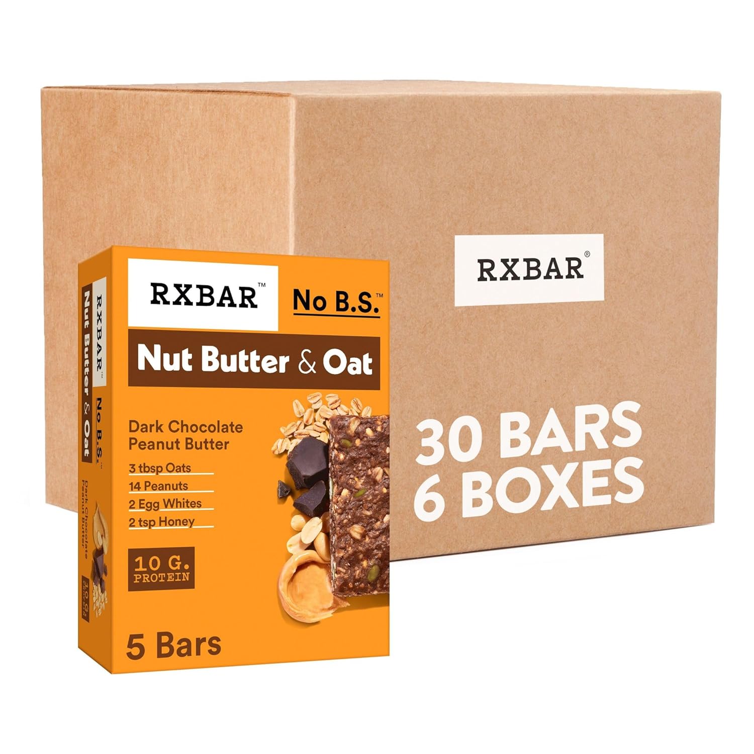 Rxbar Nut Butter And Oat Protein Bars, Protein Snacks, Snack Bars, Dark Chocolate Peanut Butter (6 Boxes, 30 Bars)