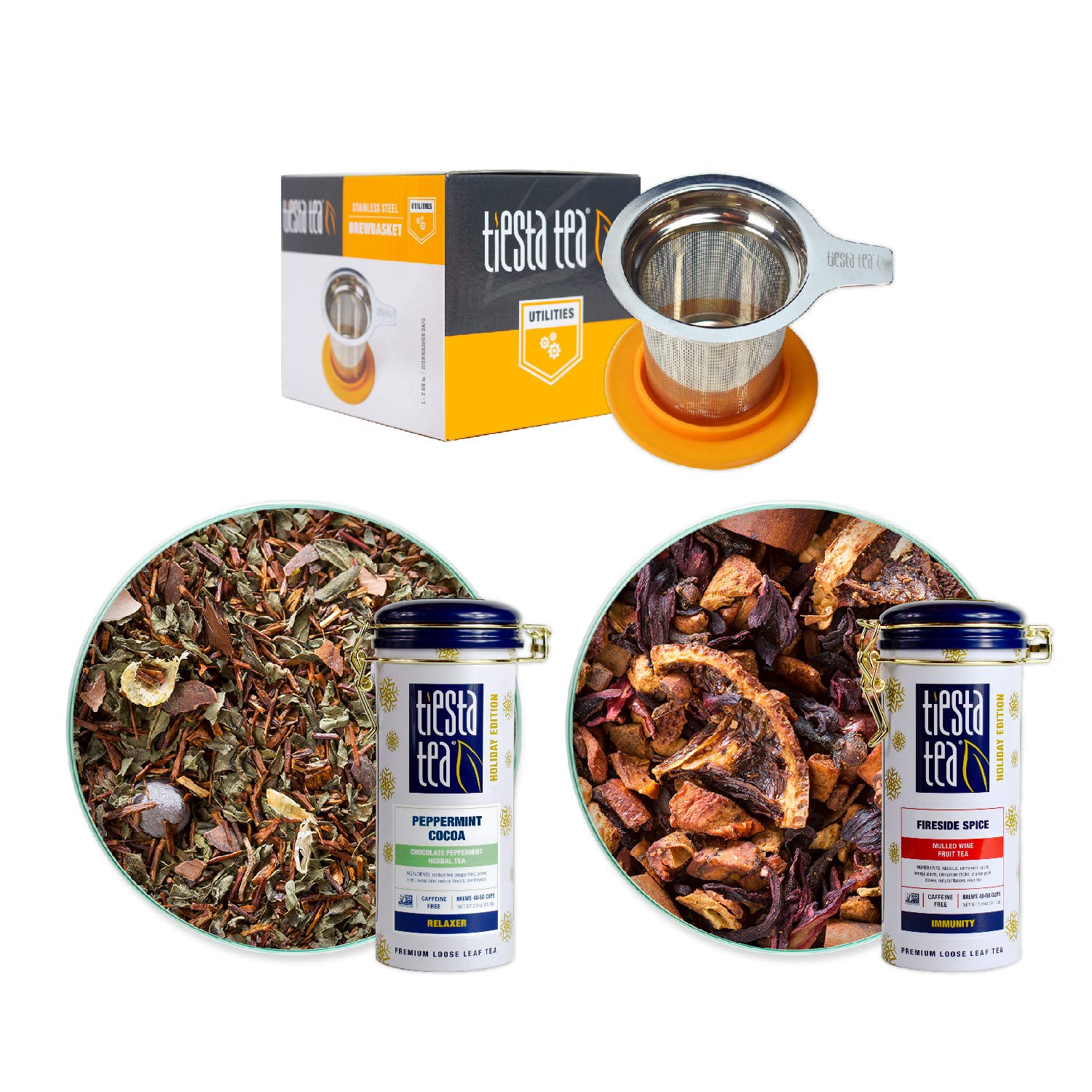 Tiesta Tea - Holiday Cheer Tea Gift Set | Fireside Spice & Peppermint Cocoa Loose Leaf Holiday Tea Blends With Infuser | Non Caffeinated Tea - Stainless Steel Brewbasket & 2 Refillable Tin Combo