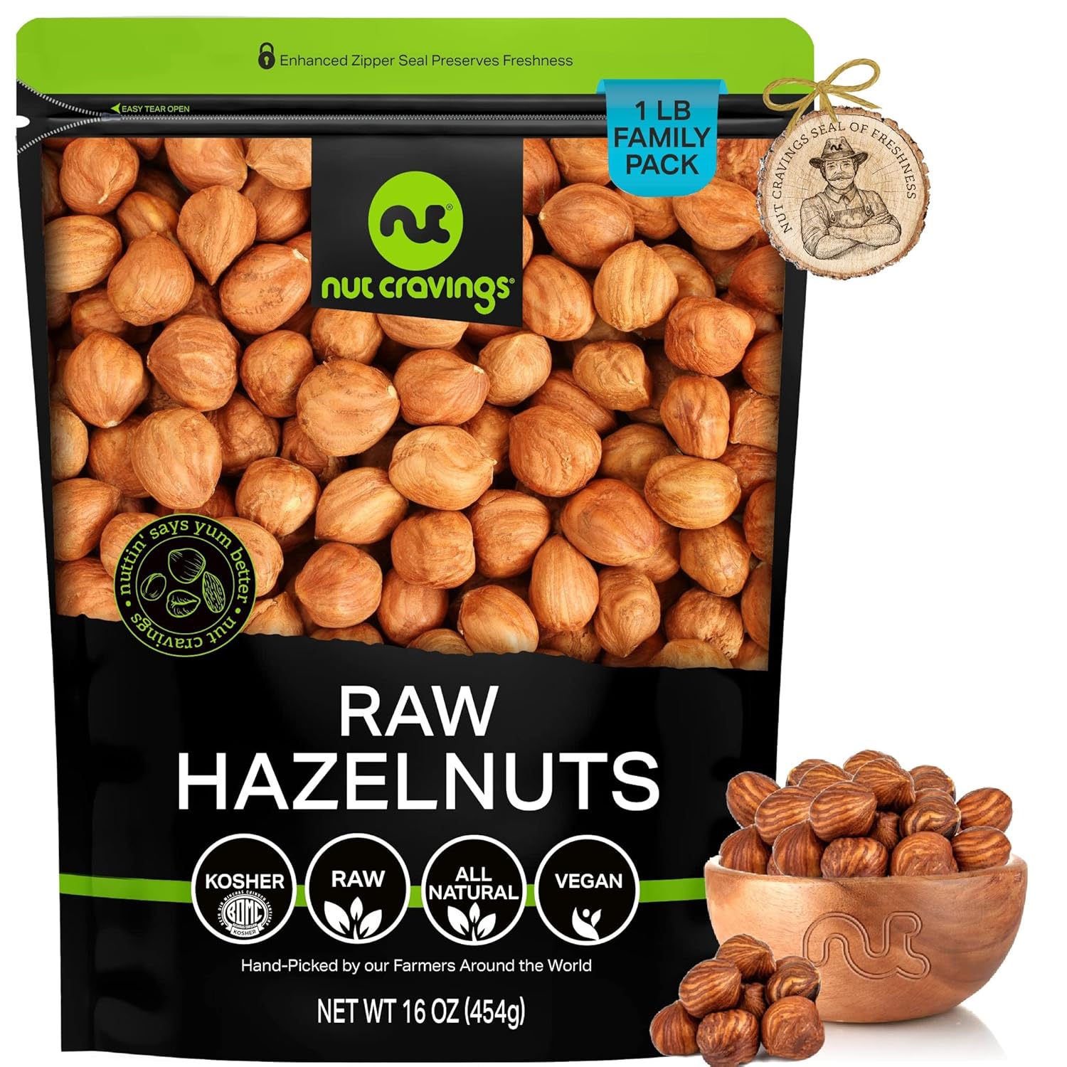 Nut Cravings - Raw Hazelnuts Filberts With Skin - Unsalted, Shelled, (16Oz - 1 Lb) Bulk Nuts Packed Fresh In Resealable Bag - Kosher Healthy Snack, Natural Keto Vegan - Ideal For Trail Mixed Nuts