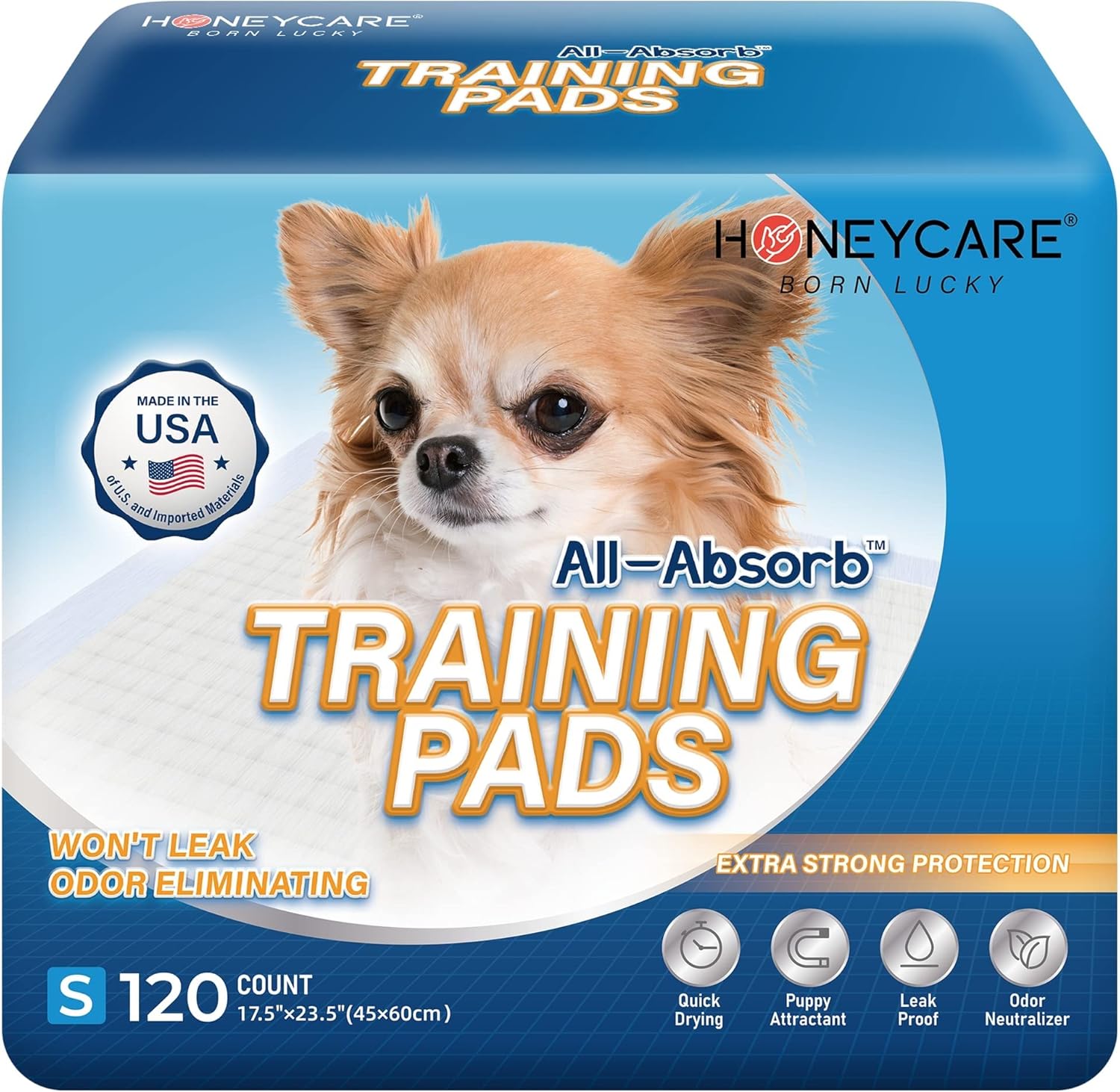 Honey Care All-Absorb, Small 17.5" X 23.5", 120 Count, Dog And Puppy Training Pads, Ultra Absorbent And Odor Eliminating, Leak-Proof 5-Layer Potty Training Pads With Quick-Dry Surface, Blue, A05