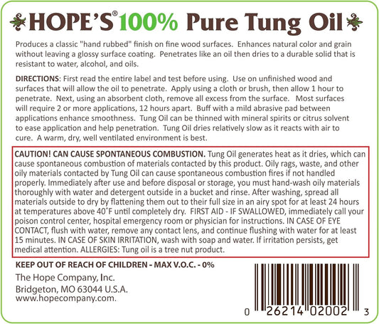 HOPE'S 100% Pure Tung Oil, Food Safe, Premium Waterproof Natural Wood Finish and Sealer for Indoor and Outdoor Projects, 32 Fl Oz, 2 Pack