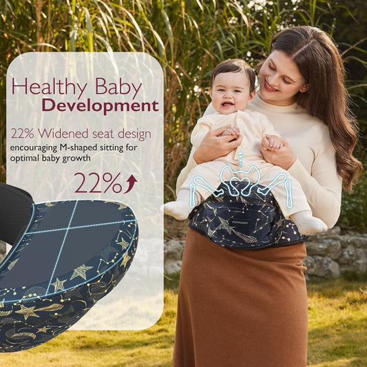 Momcozy Hip Seat Baby Carrier - Adjustable Waistband With Original 3D Belly Protector, Ergonomic Carrier With Various Pockets For Newborns & Toddlers Up To 45Lbs (Starry Sky, Medium)