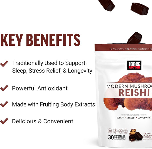 Force Factor Modern Mushrooms Soft Chews, Reishi Mushroom Supplement To Support Sleep, Stress Relief, & Longevity, Antioxidants Supplement, Delicious Chocolate Peanut Butter Cup Flavor, 30 Soft Chews