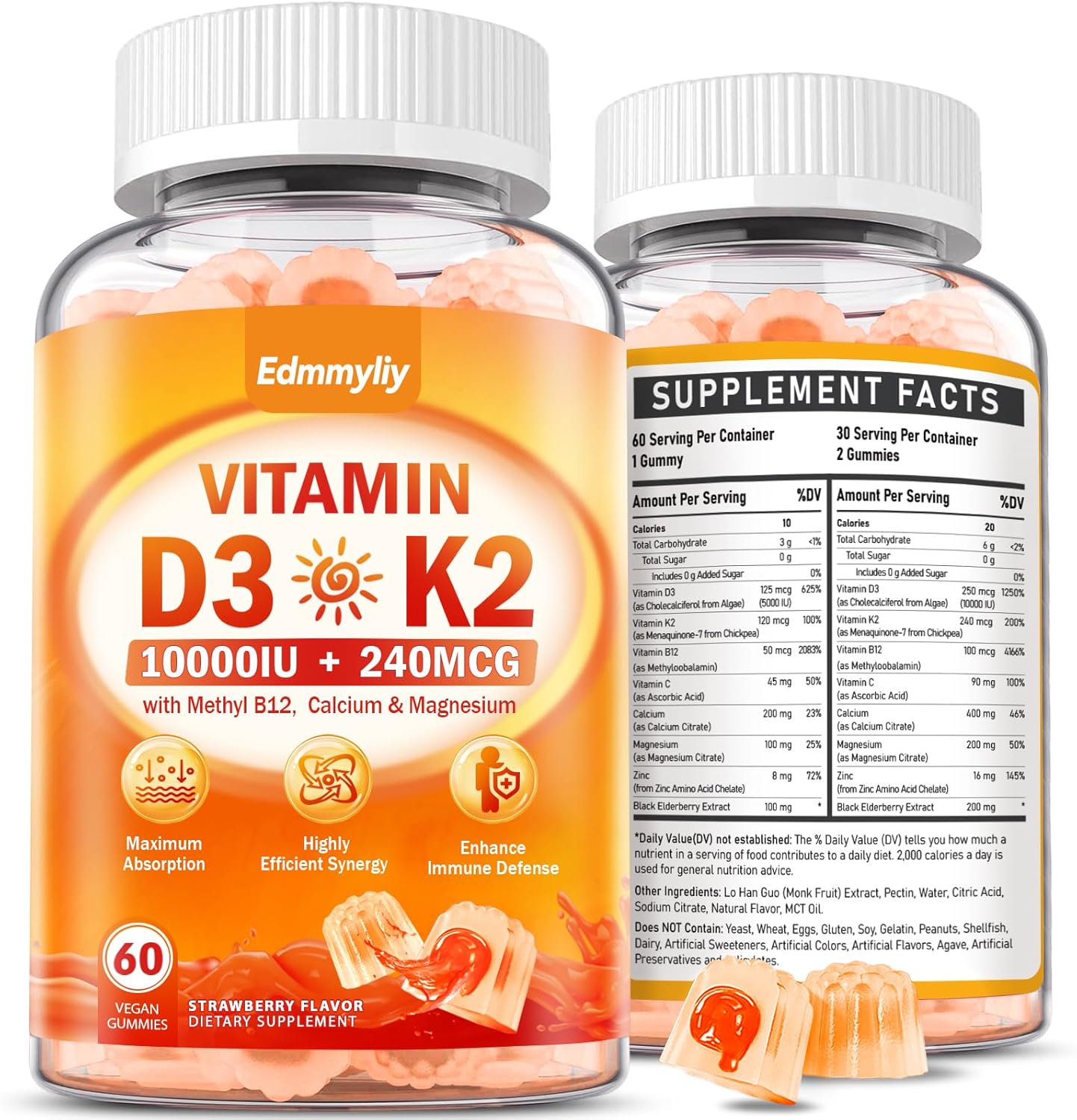 Vitamin D3 Supplement 10000Iu For Adult - Vitamin D3 5000Iu / 10000Iu Gummies With K2, Methyl B12, Calcium, Magnesium, Zinc And Elderberry For Women & Men - Sugar-Free, Vegan Vitamin D Gummies