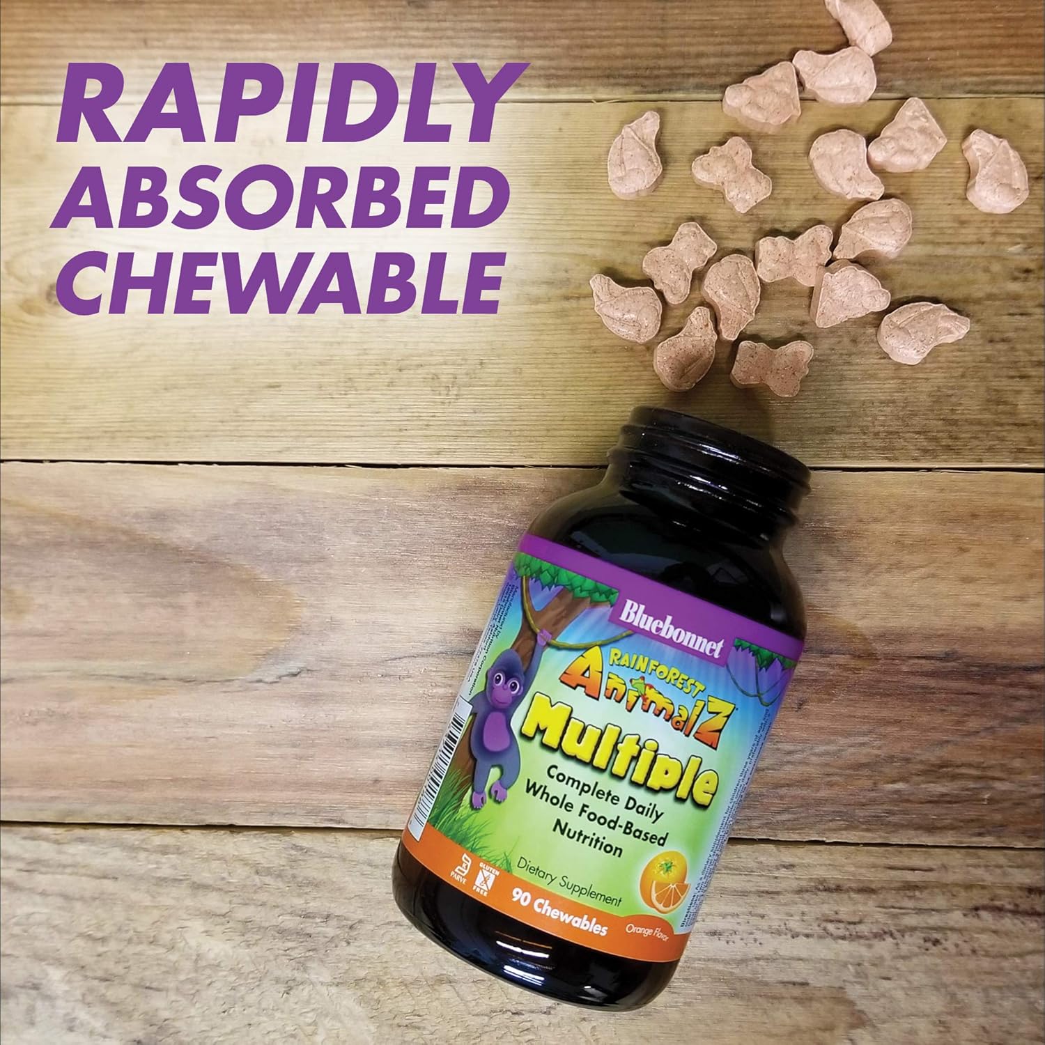 Bluebonnet Nutrition Rainforest Animalz Whole Food Based Multiple Chewable Tablets, Kid Multivitamin & Mineral, Vitamin C, D3, Iron, Gluten Free, Milk Free, Kosher, 90 Chewable Tablets, Orange Flavor