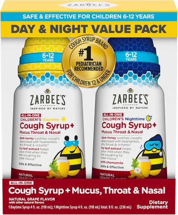 Zarbee'S Kids All-In-One Day/Night Cough Value Pack For Children 6-12 With Dark Honey, Turmeric, B-Vitamins & Zinc, 1 Pediatrician Recommended, Drug & Alcohol-Free, Grape Flavor, 4Fl Oz (Pack Of 2)