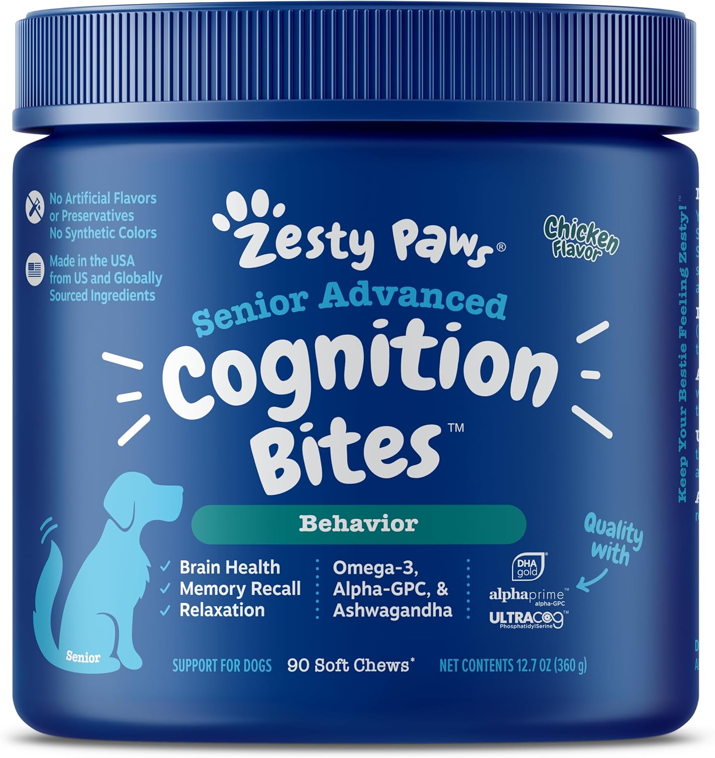 Zesty Paws Advanced Cognition Soft Chews For Dogs - With Omega 3 Dha, Ashwagandha & Alpha Gpc - For Senior Dog Brain Health & Nervous System Support - Supplement For Calming & Relaxation - 90 Count