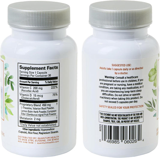 Quantum Health Sleep Immune Support Supplement Melatonin 2Mg L Theanine & Valerian Root Plus Elderberry Vitamin C & D Immunity Boost - 30 Capsules