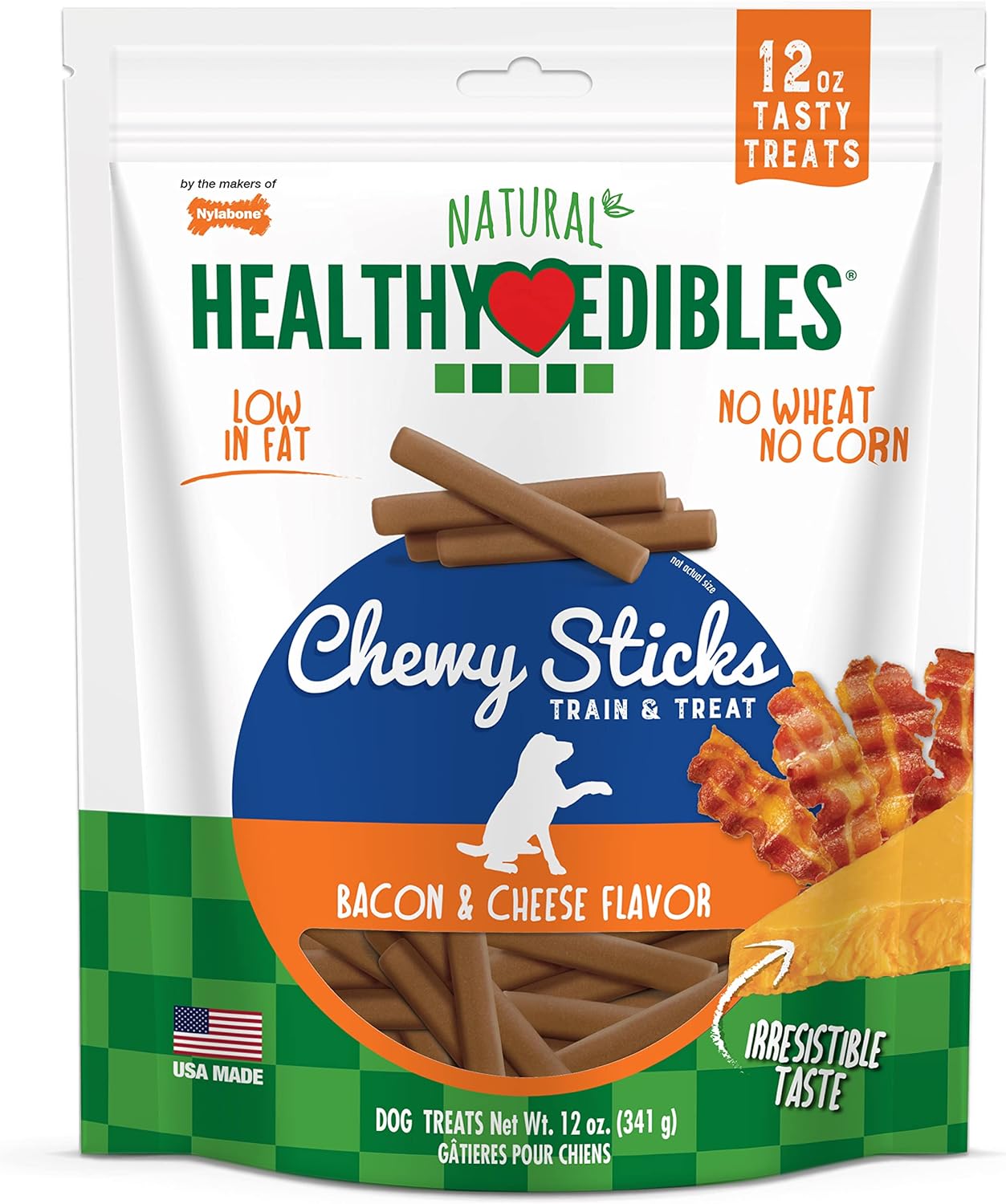 Nylabone Healthy Edibles Chewy Dog Treat Sticks Bacon & Cheese 12 oz