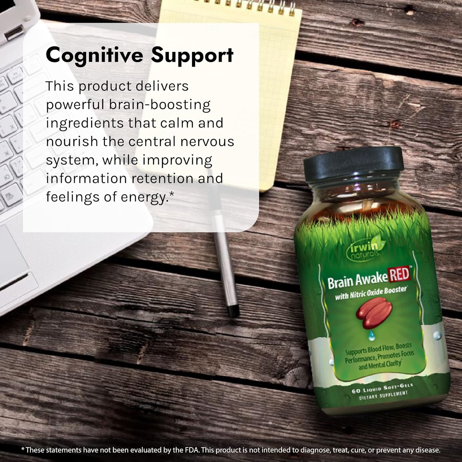 Irwin Naturals Brain Awake Red With Nitric Oxide Booster - 60 Liquid Soft-Gel - Support Brain Health & Optimize Performance - 20 Total Servings : Health & Household
