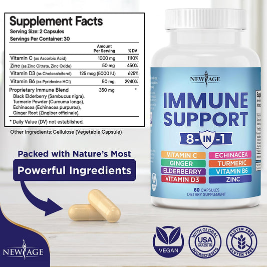 New Age 8 In 1 Immune Support Booster Supplement With Echinacea, Vitamin C And Zinc 50Mg, Vitamin D 5000 Iu, Turmeric Curcumin & Ginger, B6, Elderberry 60 Count (Pack Of 1)