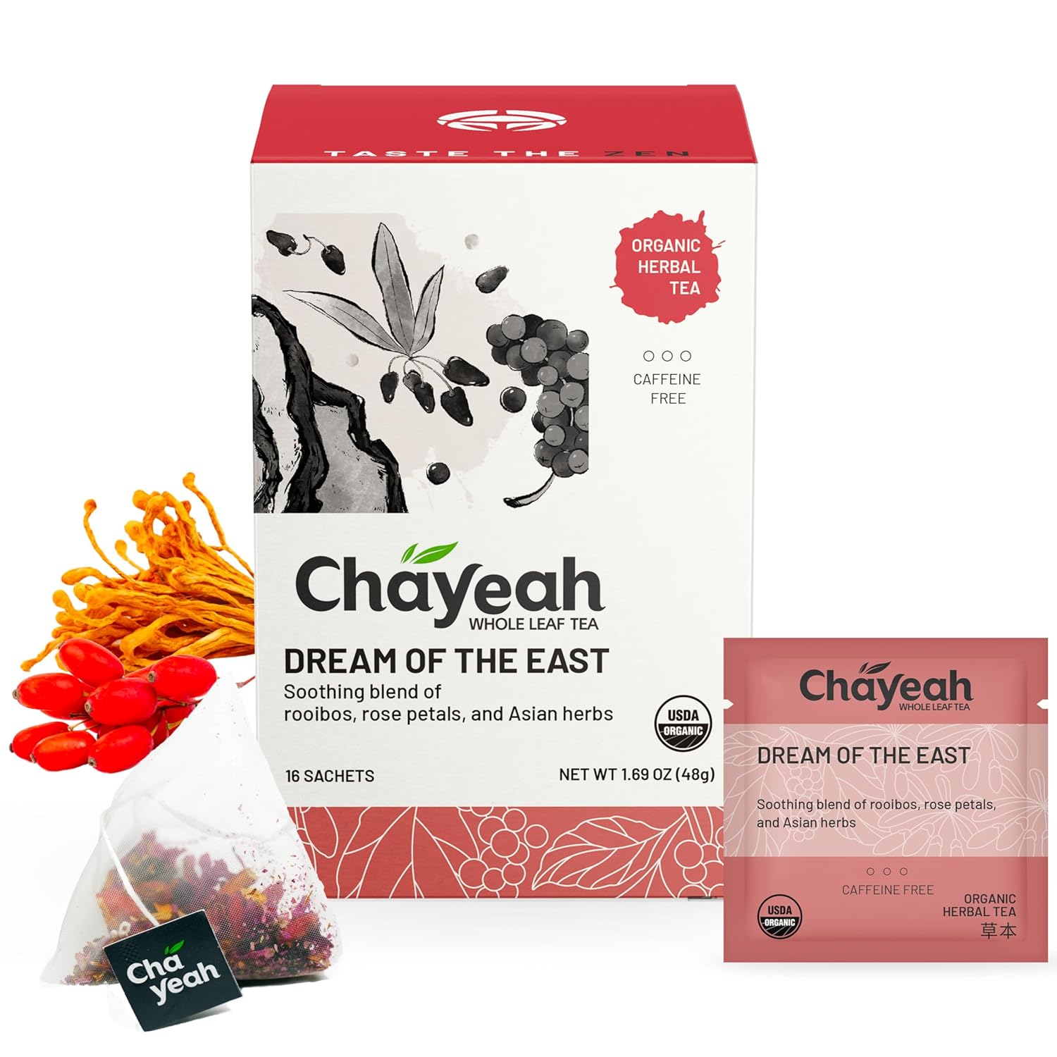 Chayeah, Dream Of The East, Immune Support Herbal Tea, Rooibos With Goji Berry, Cordyceps Flower & Asian Herbs, Usda Organic, Caffeine Free (16 Pyramid Tea Sachets)