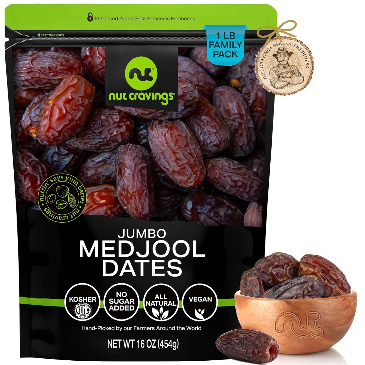 Nut Cravings Dry Fruits - Sun Dried Jumbo Medjool Dates, No Sugar Added (16Oz - 1 Lb) Packed Fresh In Resealable Bag - Sweet Snack, Healthy Food, All Natural, Vegan, Kosher Certified