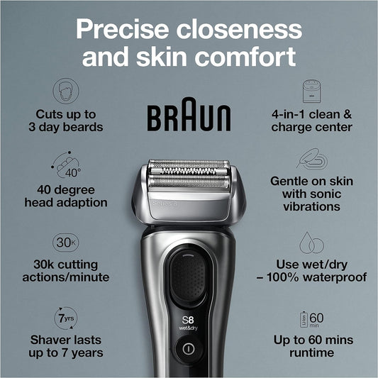 Braun Electric Razor For Men, Series 8 8457Cc Electric Foil Shaver With Precision Beard Trimmer, Cleaning & Charging Smartcare Center, Galvano Silver