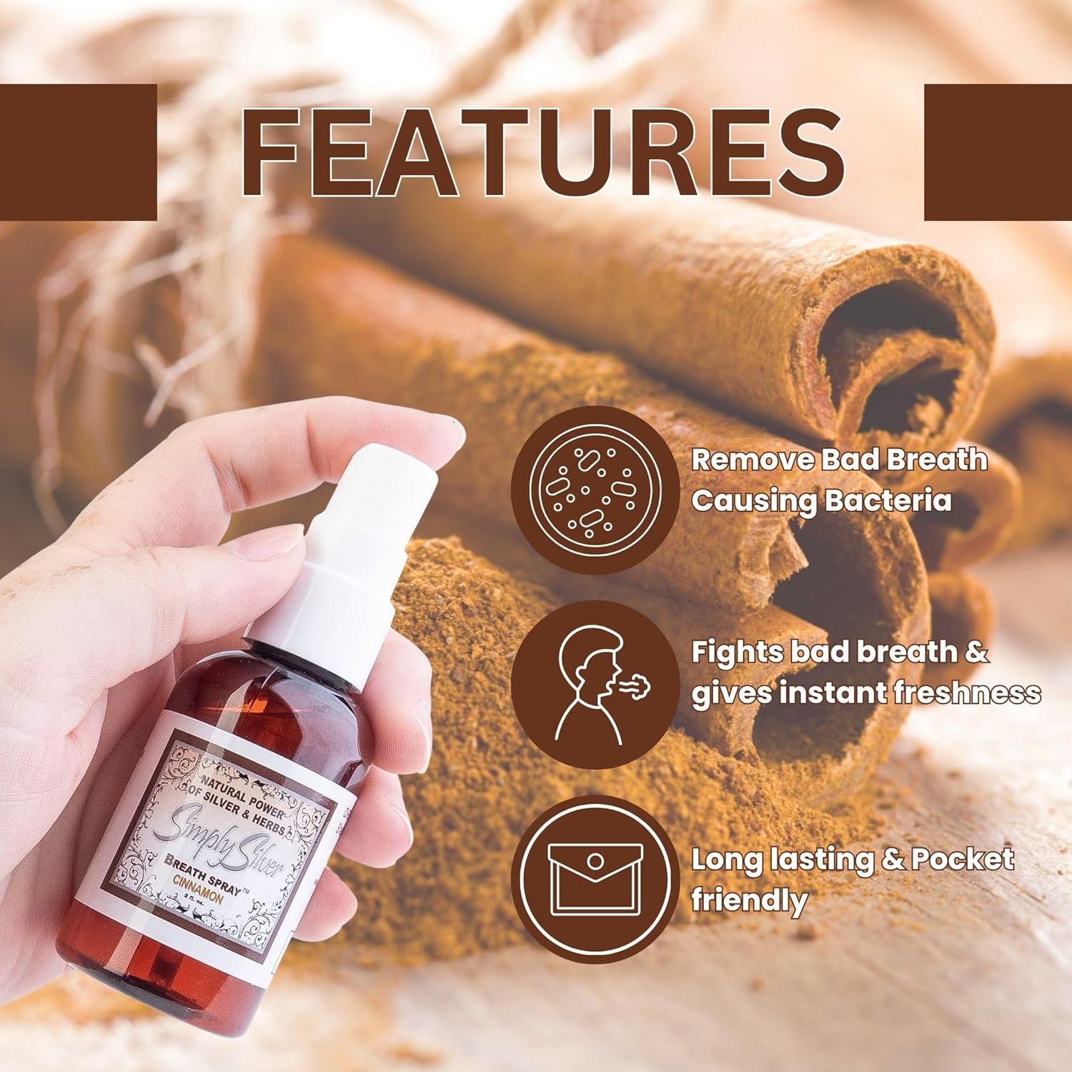 Simply Silver Cinnamon Breath Spray - for Dry Mouth and Freshening, All Natural, Fluoride Free, 2 Fl Oz : Health & Household