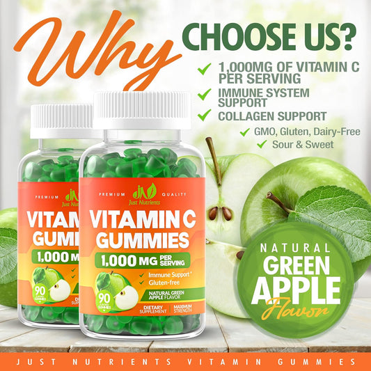 Vitamin C 1000mg Gummies for Adults & Kids - Maximum Strength Immune Support, Collagen Support for Skin - Sour Green Apple Flavor - Gluten Free, Non-GMO, 100% Vegetarian - 90 Gummies (30 Servings)