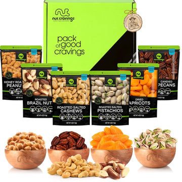 Nut Cravings Gourmet Collection - Dried Fruit & Mixed Nuts Basket In Green Box (6 Assortments) Arrangement Platter, Birthday Care Package - Healthy Kosher Mixed Fruits