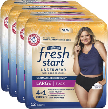 Fitright Fresh Start Incontinence And Postpartum Underwear For Women, Large, Black (48 Count) Ultimate Absorbency, Disposable Underwear With The Odor-Control Power Of Arm & Hammer