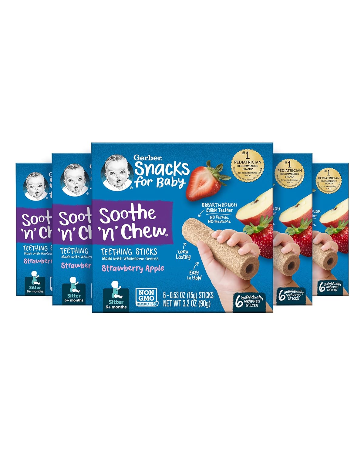 Gerber Soothe N Chew Strawberry Apple Teething Sticks, 5 Boxes Of 6 Individually Wrapped Teethers (30 Count)