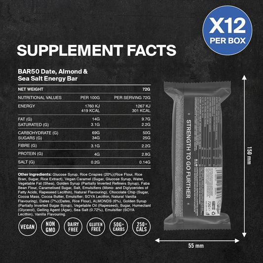 Energy Bars By Styrkr - Pack Of 12 Rice Bars For Cycling & Running - Date, Almond & Dark Chocolate - Approved By Endurance Athletes - 50G Of Carbs Via Advanced Dual-Carb Formulation - Bar50-12X