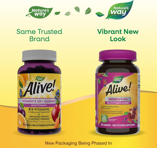 Nature'S Way Alive! Women’S 50+ Gummy Multivitamin, Supports Multiple Body Systems*, Supports Healthy Heart, Brain & Bones*, B-Vitamins, Mixed Berry Flavored, 60 Gummies (Packaging May Vary)