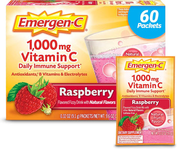 Emergen-C 1000Mg Vitamin C Powder, With Antioxidants, B Vitamins And Electrolytes, Vitamin C Supplements For Immune Support, Caffeine Free Drink Mix, Raspberry Flavor - 30 Count(Pack Of 2)