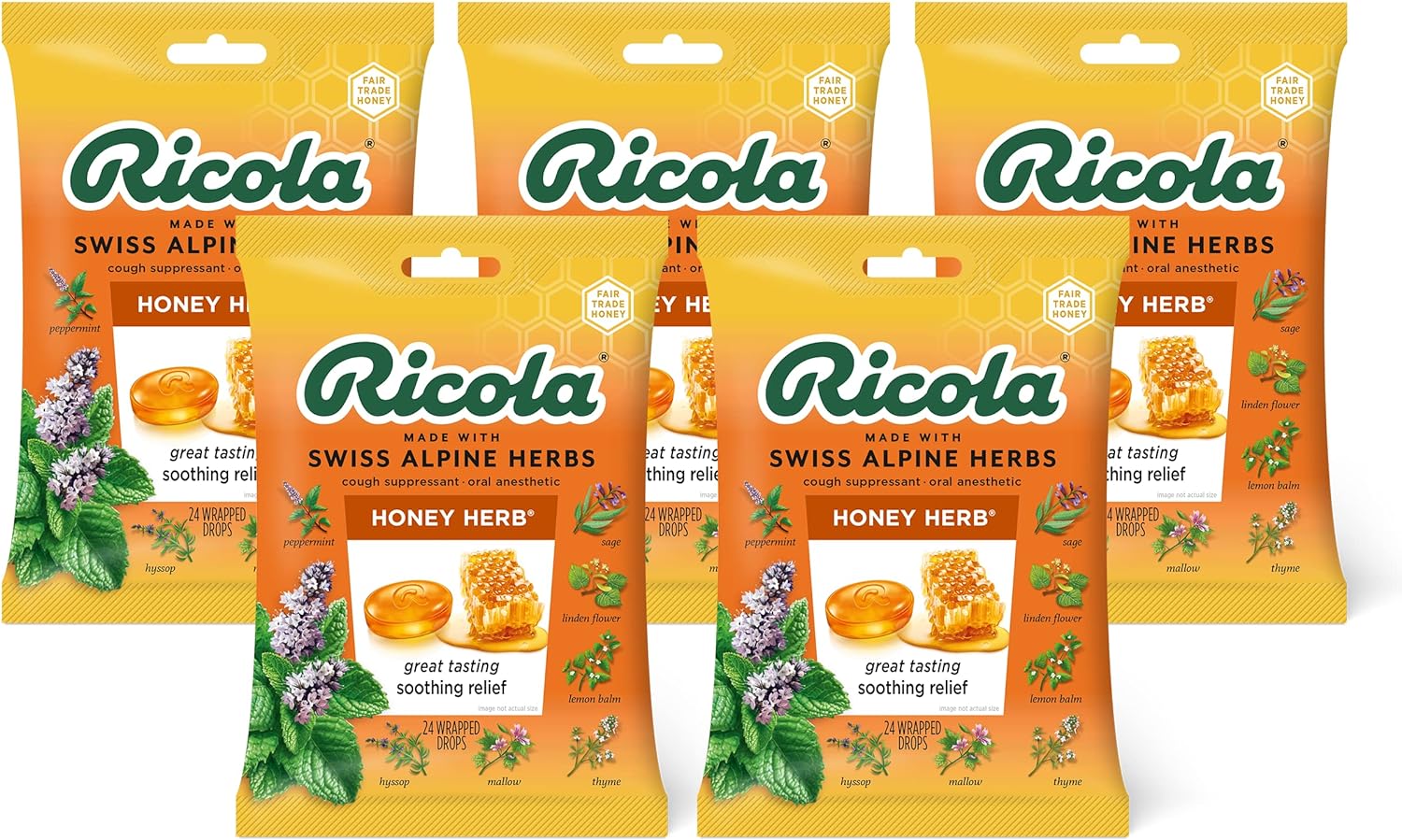 Ricola Honey Herb Herbal Cough Suppressant Throat Drops, 24ct Bag (Pack of 5)