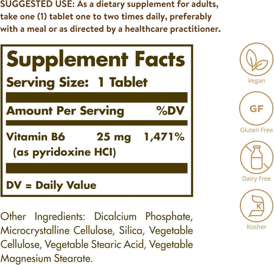 Solgar Vitamin B6 25 Mg, 100 Tablets - Supports Energy Metabolism, Heart Health & Healthy Nervous System - B Complex Supplement - Vegan, Gluten Free, Dairy Free, Kosher - 100 Servings