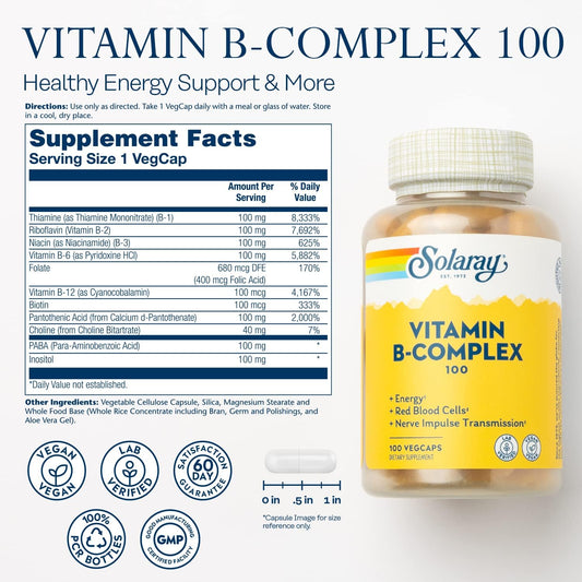 Solaray Vitamin B-Complex 100 Mg, Healthy Energy, Blood Cell Formation & Nerve Impulse Transmission Support, 100 Vegcaps (100 Count)