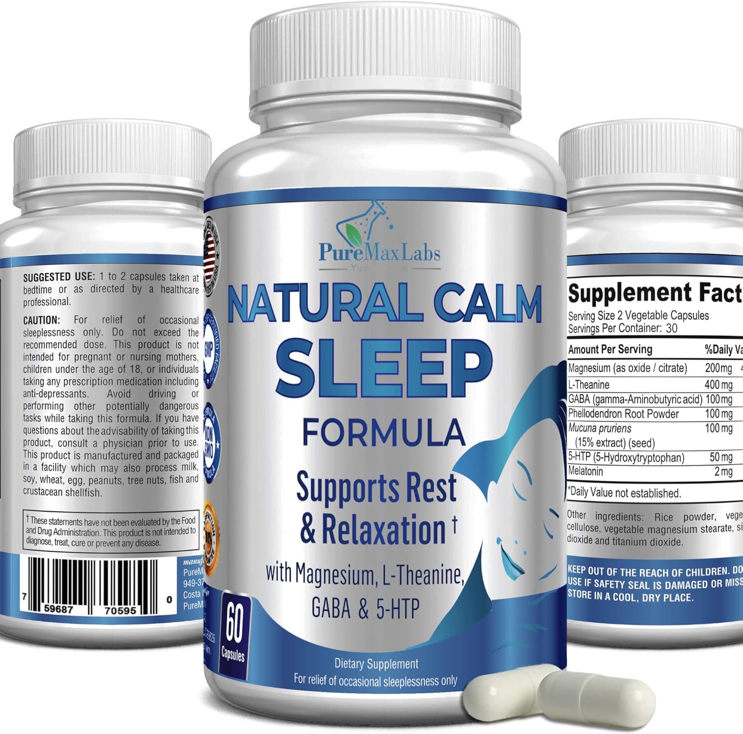 Natural Calm Sleep Aid With Magnesium, L-Theanine, Melatonin, Gaba, 5-Htp | Sleep Aid | Non-Gmo - 60 Capsules