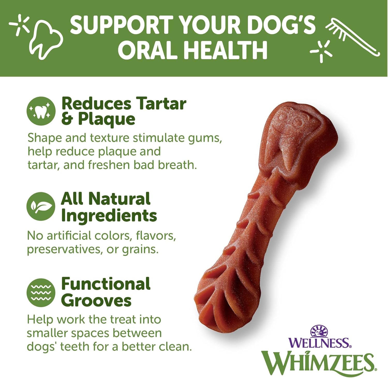 WHIMZEES by Wellness Brushing Dental Chews For Dogs, Grain-Free, Long Lasting Treats, Freshens Breath Extra Small Breed, 48 Count : Pet Supplies