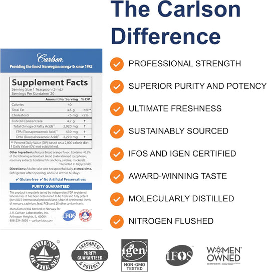 Carlson - Elite Dha, 2270 Mg Dha, Professional Strength, Norwegian Fish Oil Concentrate, Cognitive Function & Vision Support, Orange, 100 Ml