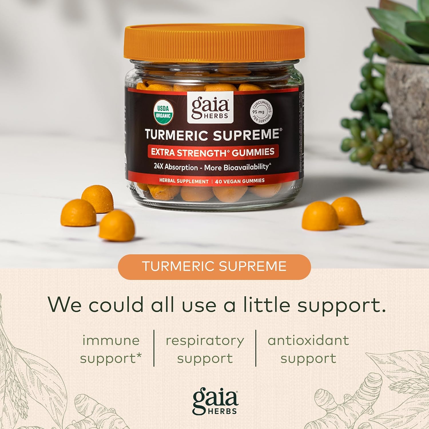 Gaia Herbs Turmeric Supreme Extra Strength Gummies - Supports Swelling Relief to Help Maintain an Active Lifestyle - Lemon Ginger Flavor Turmeric Gummies - 60 Vegan Organic Gummies(20-Day Supply) : Health & Household