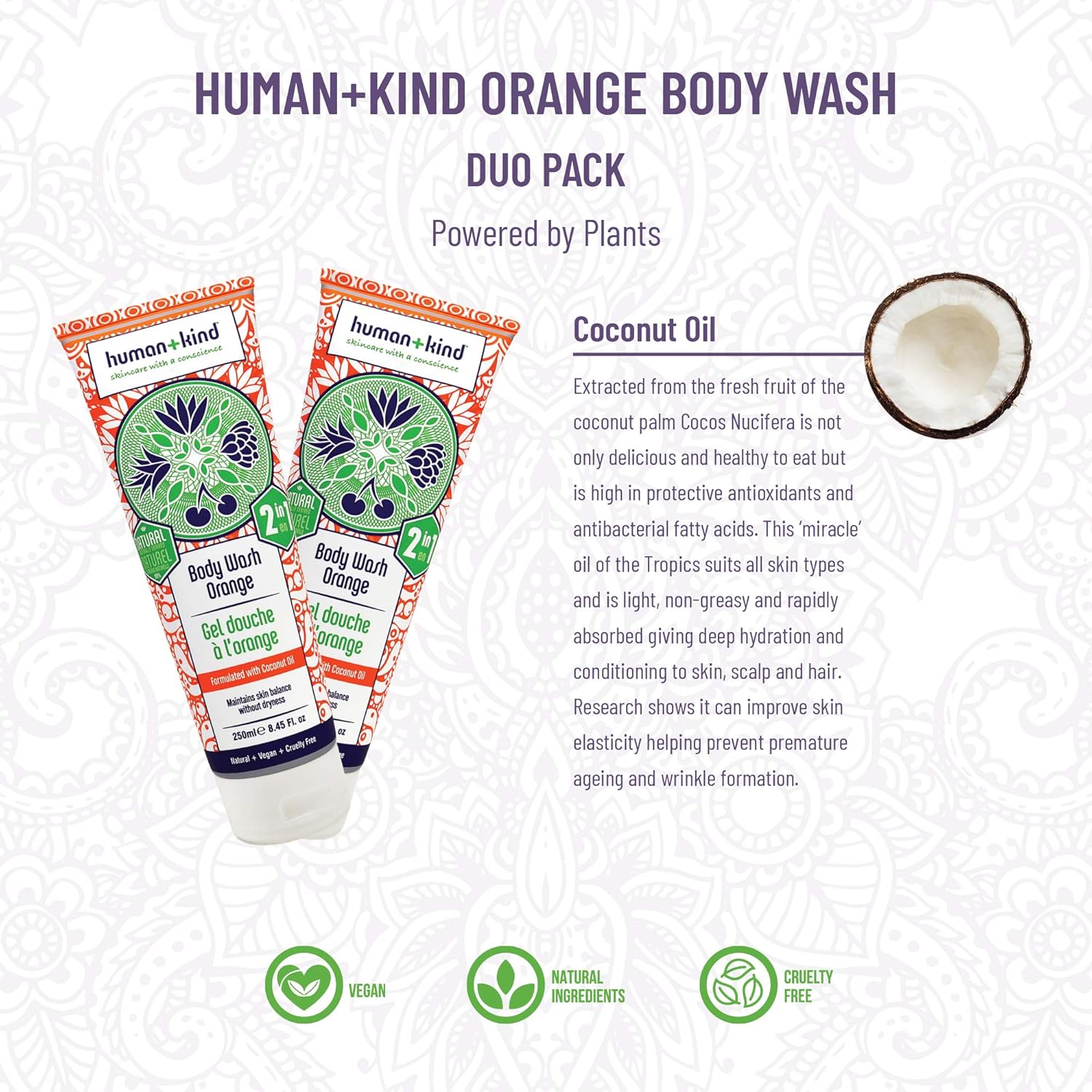 Human+Kind Body Wash | Nourishes Dry Skin With Coconut Oil | Sls-Free, Gentle Enough For Hair & Scalp | Natural, Vegan Skin Care | Orange Scent - 8.45 Fl Oz, 2Count