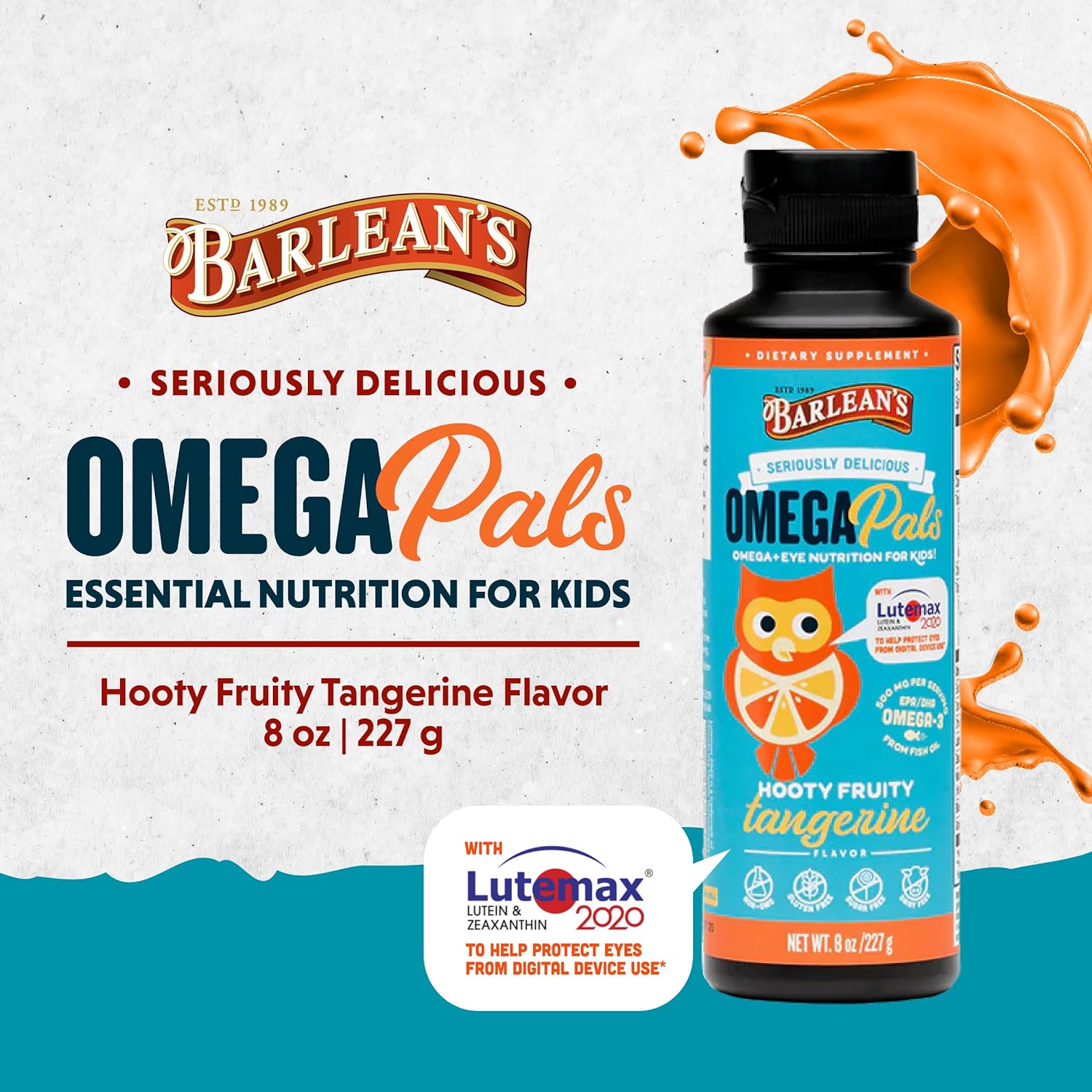 Barlean's Omega Pals Eye Health Liq, Tangerine avored Omega 3 for Kids, Fish Oil Supplement with 500 mg of EPA & DHA Plus Lutein & Zeaxanthin Vitamins for Blue Light Support, 