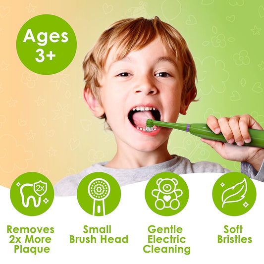 Brusheez® Kids’ Electric Toothbrush Set - Safe & Effective for Ages 3+ - Parent Tested & Approved with Gentle Bristles, 2 Brush Heads, Rinse Cup, 2-Minute Timer, & Storage Base (Snappy The Croc)