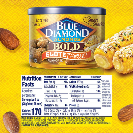 Blue Diamond Almonds, Bold Elote Mexican Street Corn Flavored Snack Nuts, 6 Ounce Can