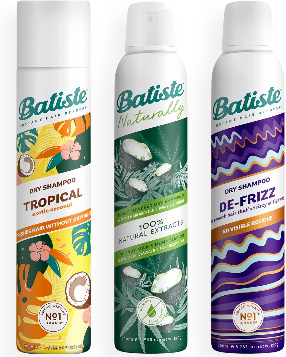 Batiste Coconut Escape Bundle - 3-Pack Dry Shampoo Variety Bundle For Detoxifying, Refreshing, And Taming Flyaway Ends With Summery Exotic Scents: Tropical, Naturally, And De-Frizzing - 3 X 200Ml