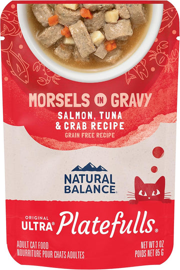 Natural Balance Original Ultra Platefulls Adult Grain-Free Wet Cat Food, Salmon, Tuna & Crab Recipe In Gravy, 3 Ounce Pouch (Pack Of 24)