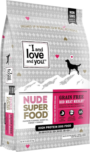 I and love and you Nude Super Food Dry Dog Food - Red Meat Medley - Prebiotic + Probiotic, Grain Free, Real Meat, No Fillers, 23lb Bag